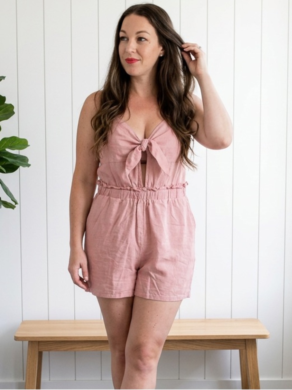 Pink Cotton Tie Front Romper Size Large Summer Playsuit with Pockets